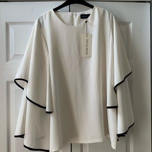 Cecilia Prado oversized white huge bell sleeves w black trim crepe blouse NWT